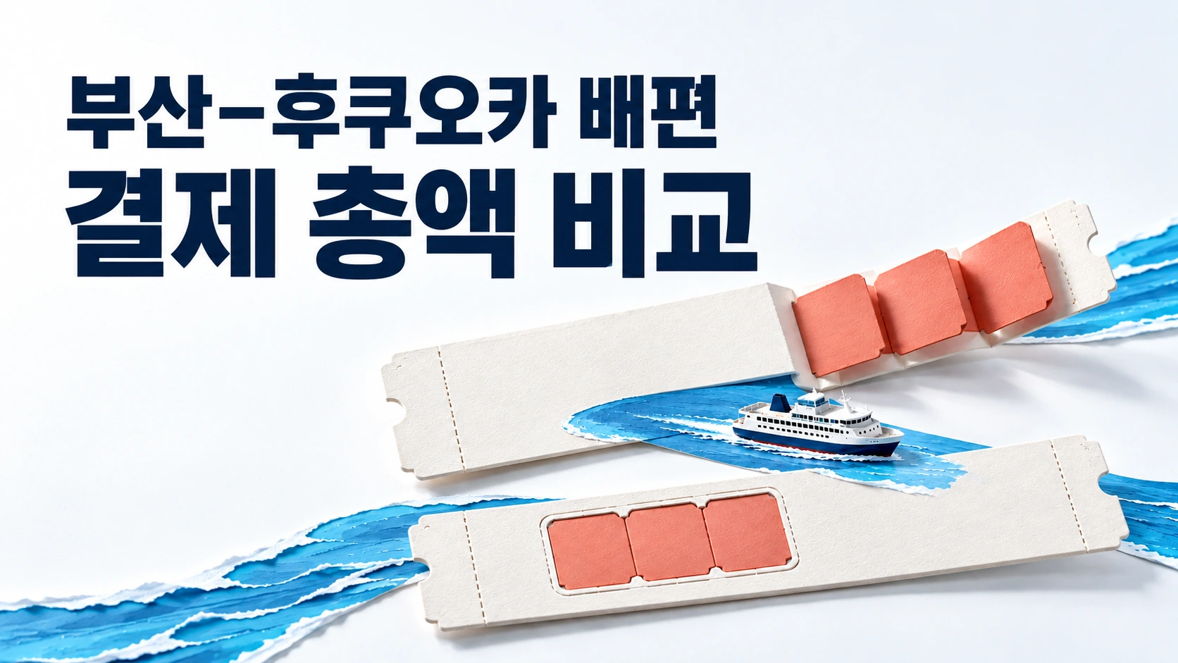 부산–후쿠오카 배편 결제 총액 비교 제목 아래, 비용 조각이 별도로 펼쳐진 배표와 안에 포함된 배표가 놓인 일러스트