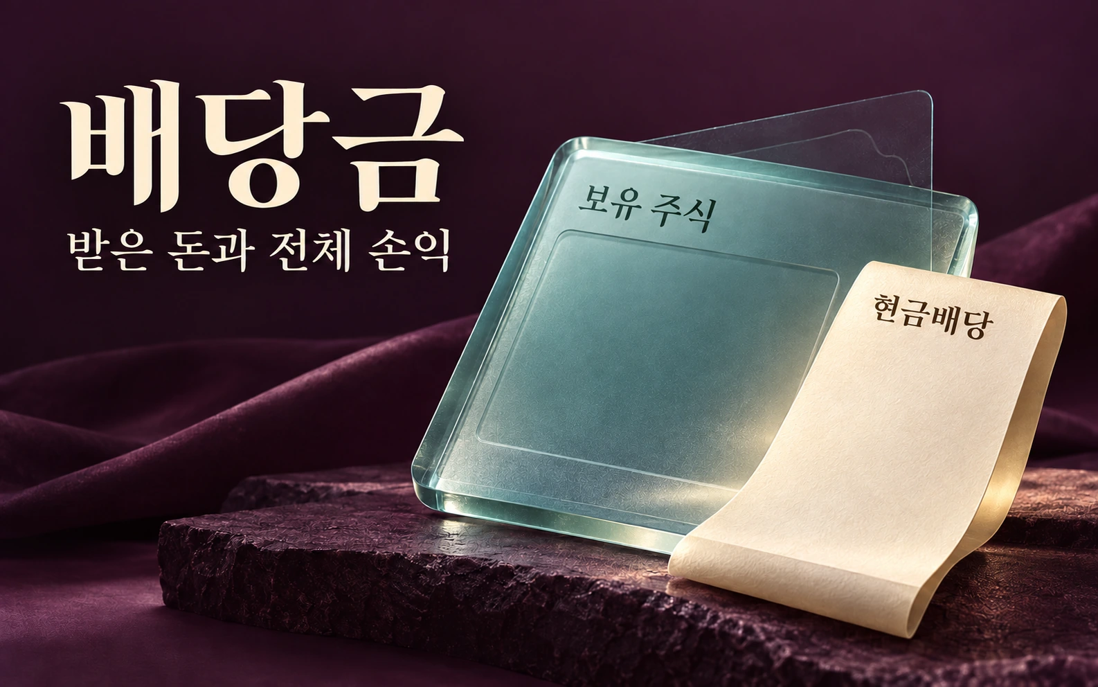 배당금을 큰 제목으로 두고 보유 주식을 나타내는 유리판과 현금배당 전표를 함께 놓은 개념 이미지