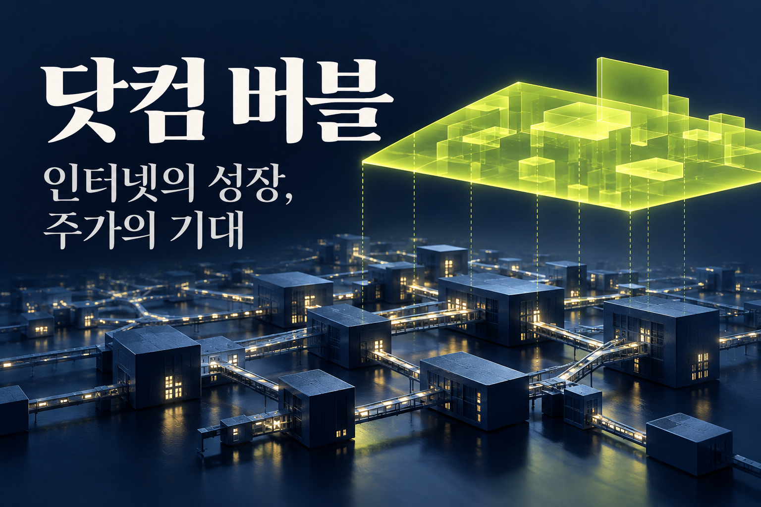 연결된 남색 건물 모형 위로 황록색 반투명 구조가 떠 있고, 옆에 닷컴 버블과 인터넷의 성장·주가의 기대 문구가 놓인 편집 이미지.