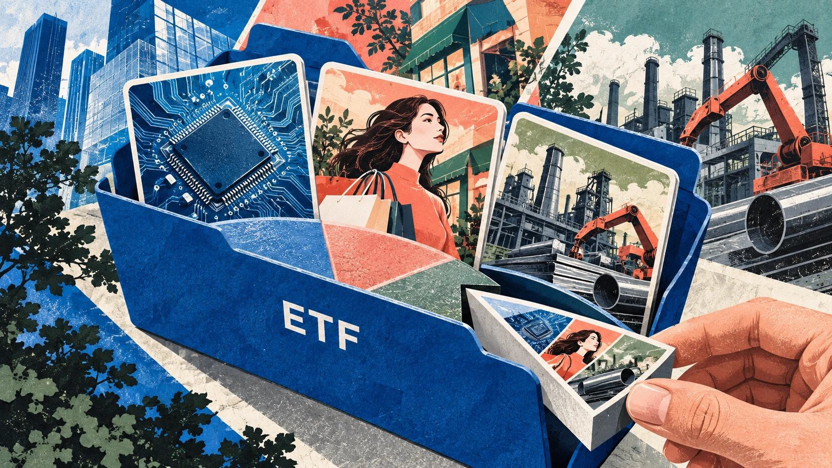 ETF 폴더 안에 반도체·소비·산업을 나타내는 카드가 모이고, 같은 구성을 담은 한 지분이 나온 모습