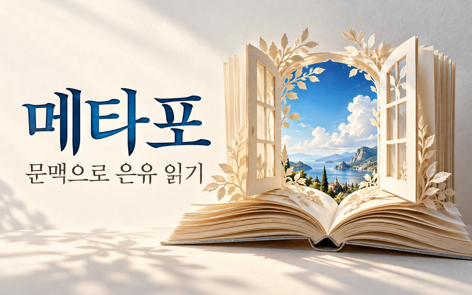 펼친 책이 열린 창으로 이어지고 그 너머 푸른 풍경이 보이는 종이 조형