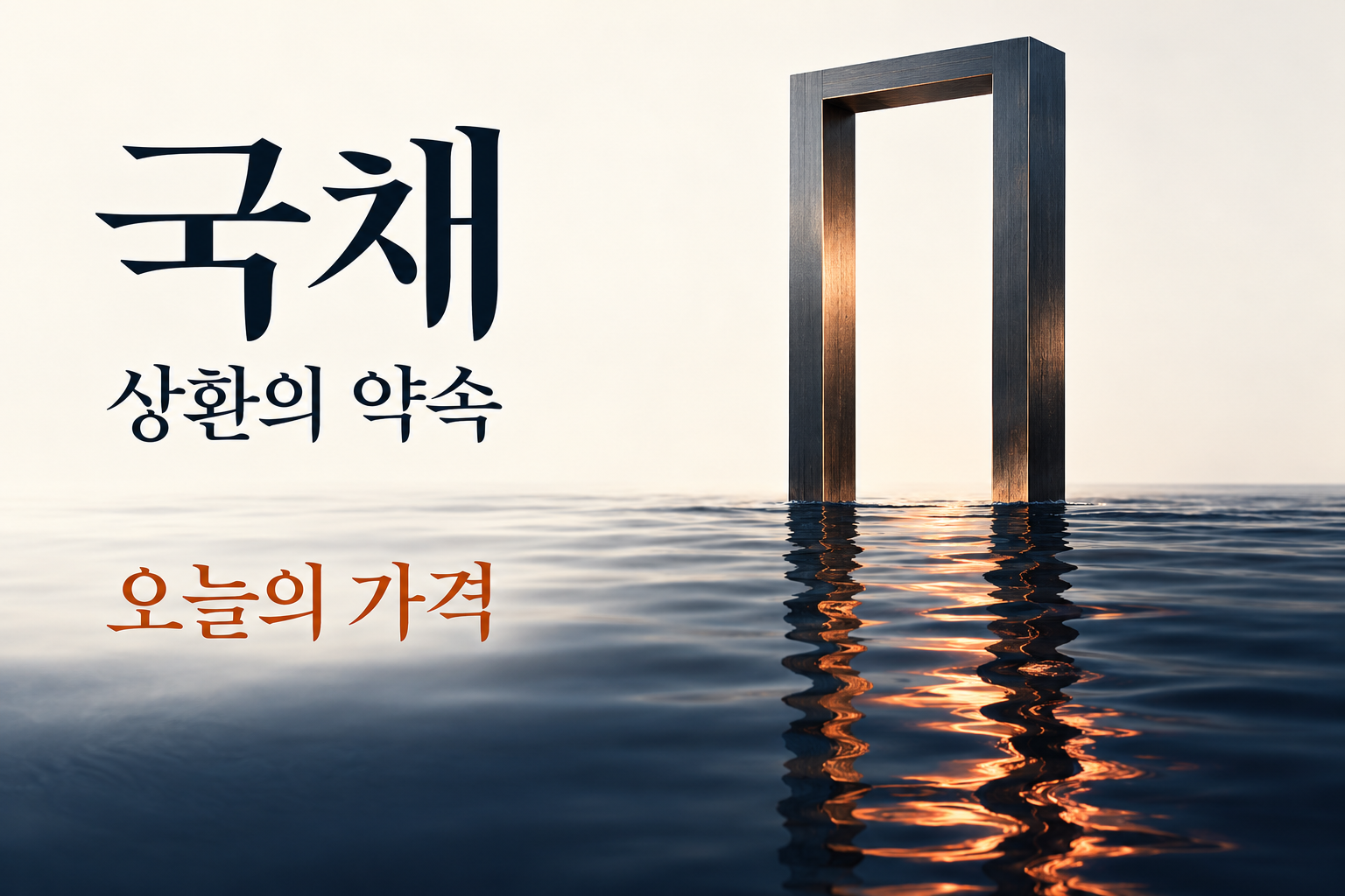 국채라는 명조형 제목 옆에 고정된 직사각 틀이 서 있고, 같은 틀의 반사는 물결에 흔들린다. 상환의 약속과 오늘의 가격을 대비한 편집 이미지.