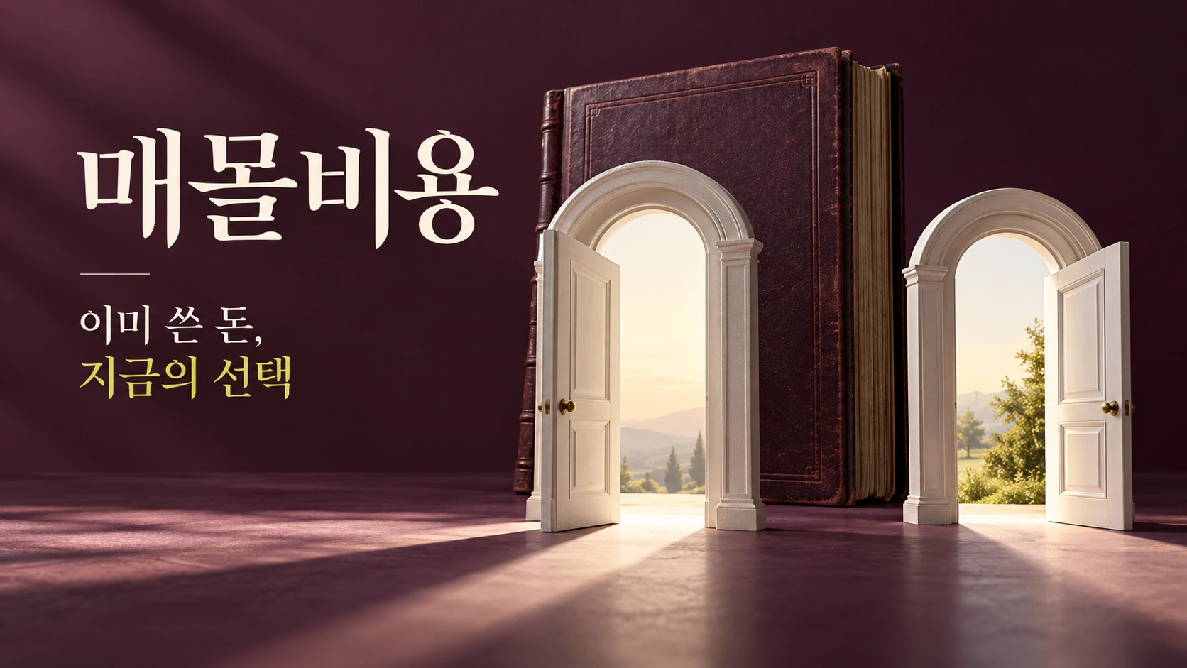 뒤에 남은 장부와 앞에 열린 두 문으로 과거 비용과 현재 선택을 표현한 비유