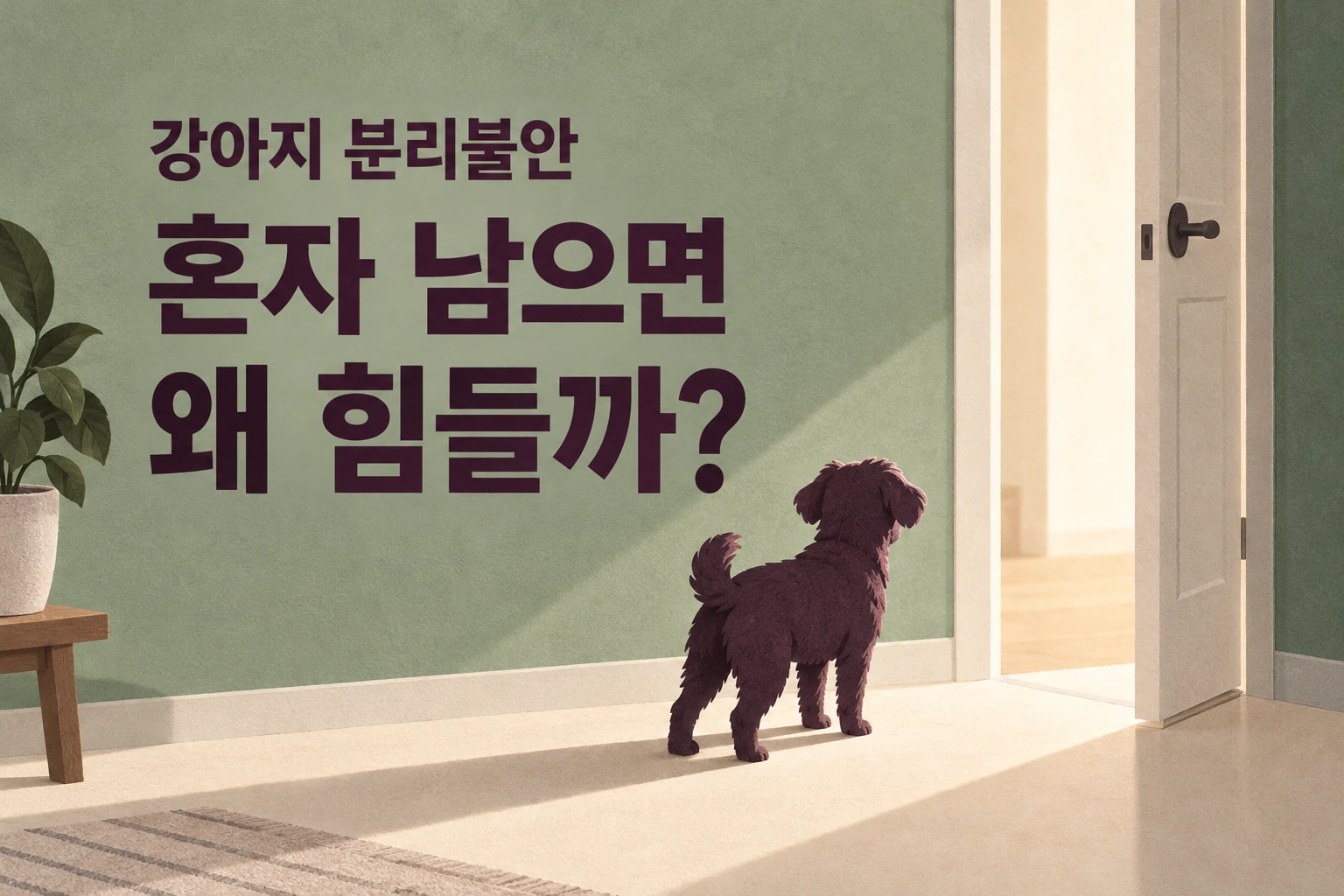 현관의 경계와 집 안에 남은 개, ‘강아지 분리불안, 혼자 남으면 왜 힘들까?’라는 문구를 담은 그림