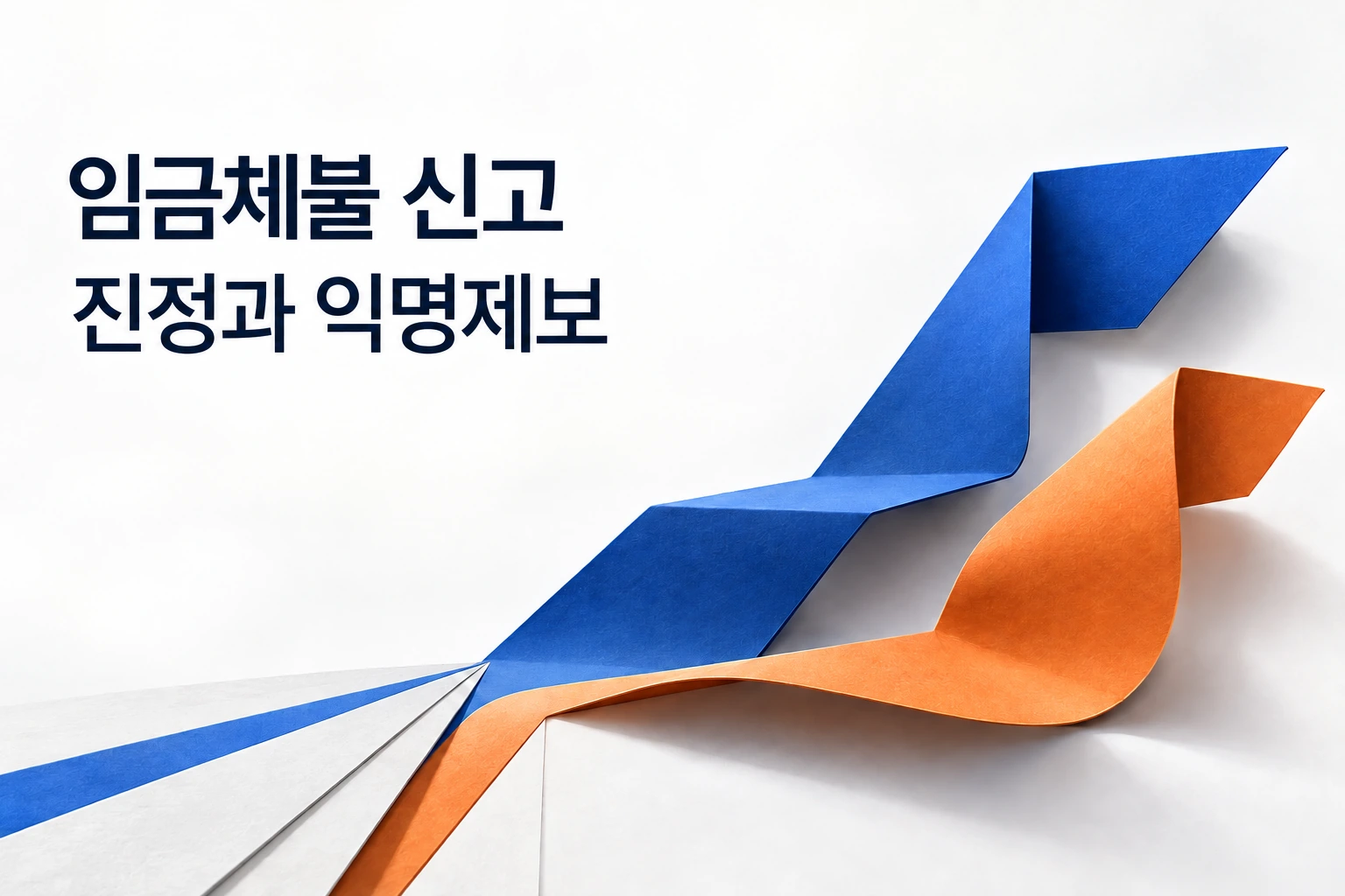 서로 다른 방향으로 접힌 파란색과 주황색 종이 띠, 임금체불 신고와 진정과 익명제보라는 문구.