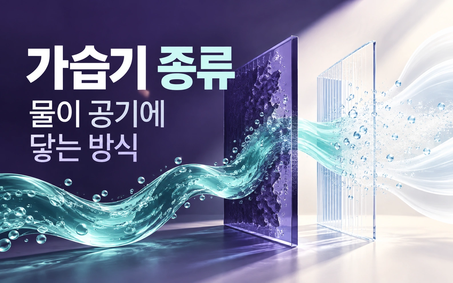 ‘가습기 종류, 물이 공기에 닿는 방식’이라는 문구와 두 투명한 면을 통과하는 물의 흐름을 그린 개념 구성