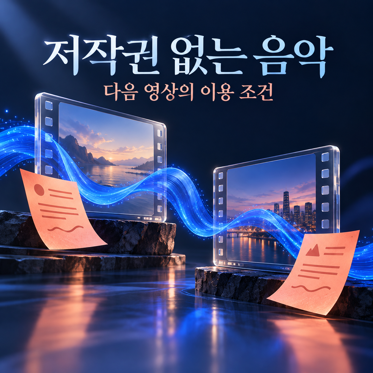 푸른 음원의 흐름이 두 영상 프레임을 지나고 각각의 조건 메모가 놓인 편집 이미지